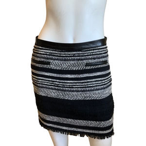 Rebecca Taylor Black White Cotton Wool Blend Mini Skirt Leather Trim Waist sz 2